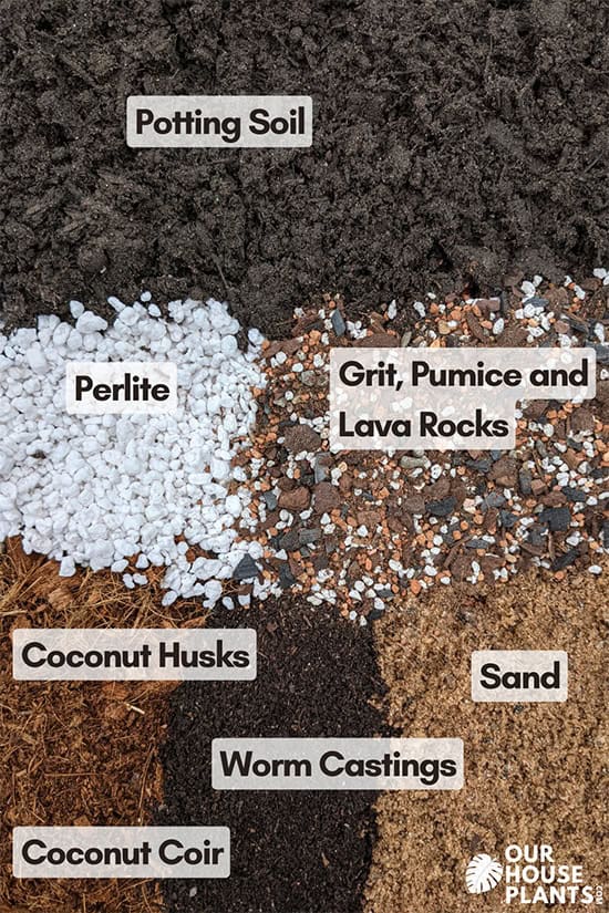 Different substrates arranged together with annotations showing regular potting soil, grit, perlite, coconut coir, husks, warm castings, pumice and small lava rocks, akadama