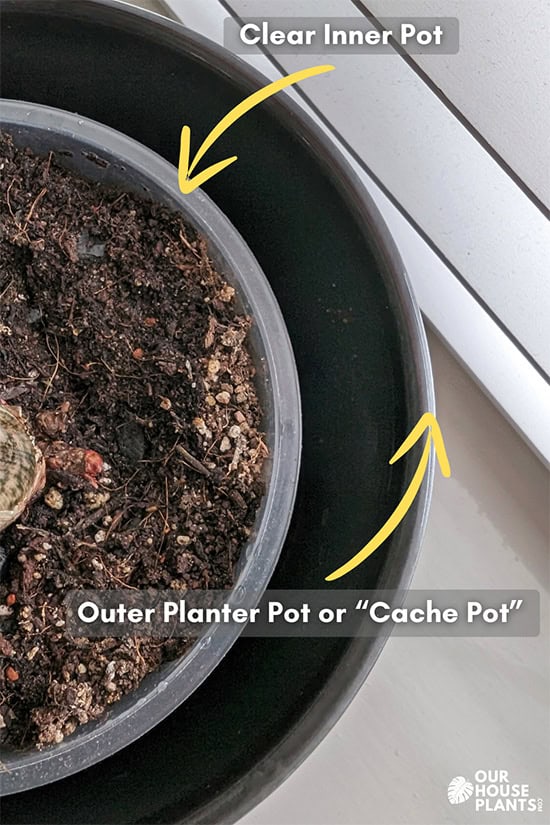 An overhead diagram of a inner clear container inside a solid cache pot on the out side